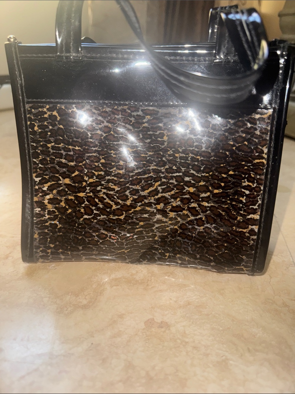 Patent mini Black Satchel with Brown Leopard Print Panel